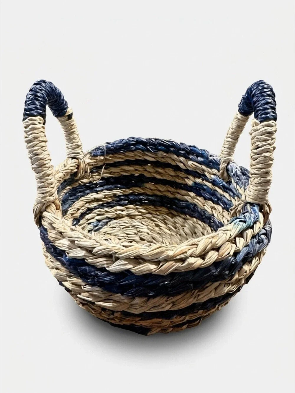 Vintage Handwoven Straw Basket with Blue Accents